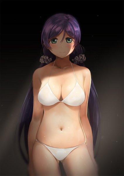 Anime picture 900x1273 with love live! school idol project sunrise (studio) love live! toujou nozomi redame single long hair tall image looking at viewer blush breasts light erotic simple background large breasts standing twintails green eyes purple hair light smile gradient background