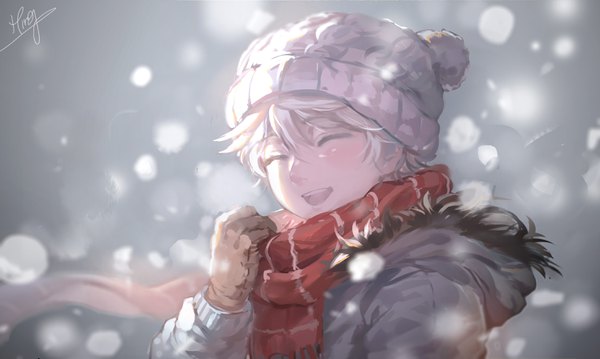 Anime picture 2952x1771 with aldnoah.zero a-1 pictures slaine troyard toyo (s9654431) single fringe highres short hair open mouth hair between eyes wide image signed silver hair upper body eyes closed grey background snowing ^ ^ ^o^ adjusting clothes