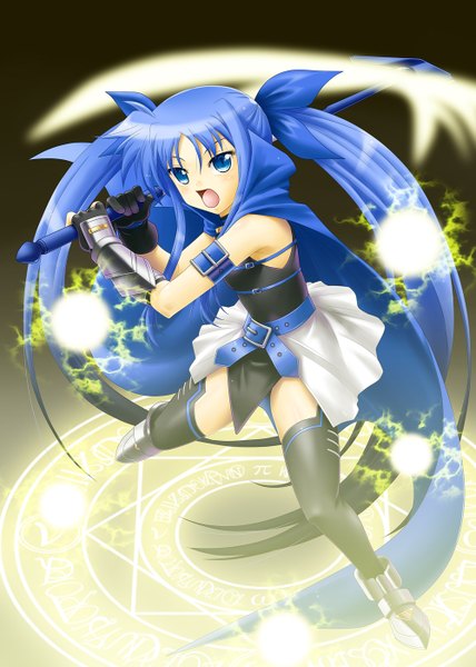 Anime picture 1000x1400 with mahou shoujo lyrical nanoha material-l ayato single long hair tall image open mouth blue eyes twintails blue hair magic singing girl thighhighs black thighhighs cape magic circle microphone stand