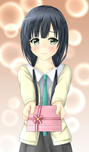 Anime picture 529x900 with shirobako p.a. works yasuhara ema tear yu single long hair tall image blush fringe black hair green eyes looking away girl necktie gift clothes