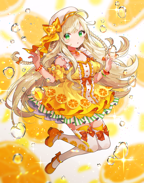 Anime picture 785x1000 with original shione (memento forest) single long hair tall image looking at viewer open mouth blonde hair green eyes full body ahoge braid (braids) :o sparkle frilled dress food print girl dress detached sleeves choker