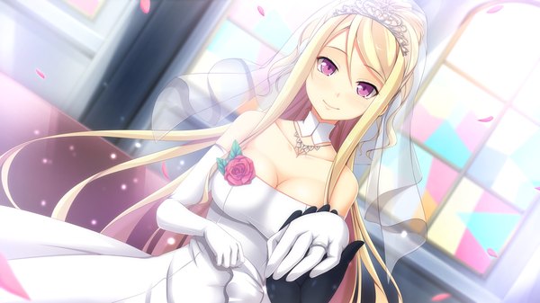 Anime picture 1280x720 with tentacle lord (game) tel-o long hair blonde hair smile wide image purple eyes game cg girl dress rose (roses) wedding dress