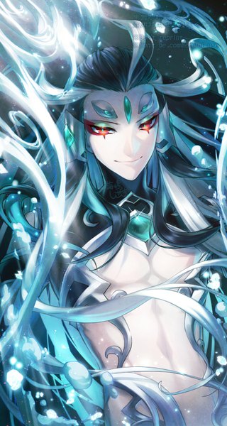 Anime picture 1600x3000 with fate (series) fate/grand order qin shi huang (fate/grand order) kizashima shizaki single long hair tall image looking at viewer black hair smile red eyes upper body multicolored hair two-tone hair boy hair tubes
