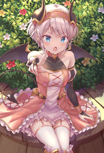Anime picture 800x1169 with princess connect! re:dive princess connect! yui (princess connect!) hirokazu (analysis-depth) single tall image looking at viewer blush fringe short hair open mouth blue eyes sitting bare shoulders payot pink hair outdoors tail horn (horns) fingernails