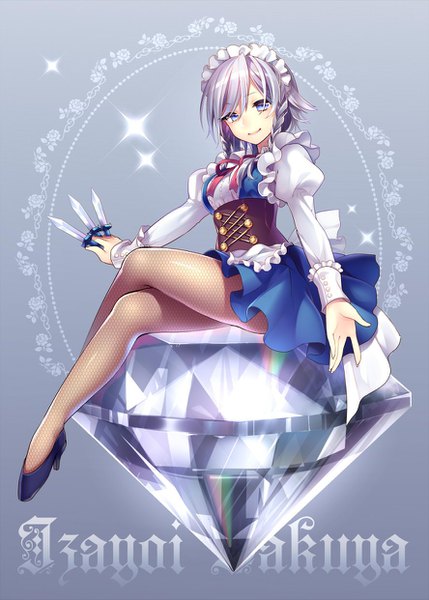 Anime picture 888x1242 with touhou izayoi sakuya masaru.jp single tall image looking at viewer fringe short hair blue eyes smile hair between eyes sitting holding silver hair full body braid (braids) long sleeves pleated skirt grey background sparkle