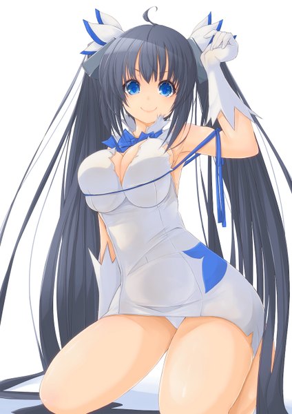 Anime picture 1000x1414 with dungeon ni deai wo motomeru no wa machigatteiru darou ka j.c. staff hestia (danmachi) maru-pen single long hair tall image breasts blue eyes light erotic black hair simple background smile large breasts white background twintails cleavage pantyshot rei no himo girl