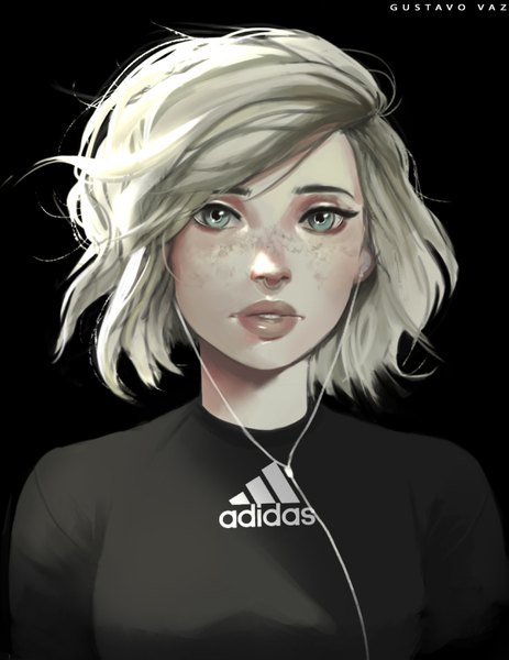 Anime picture 1110x1439 with original adidas gustavo vaz single tall image looking at viewer short hair blonde hair simple background signed upper body parted lips lips realistic grey eyes piercing black background portrait clothes writing freckles