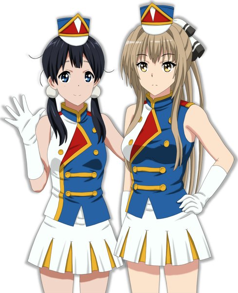 Anime picture 816x1000 with amagi brilliant park tamako market kyoto animation sento isuzu kitashirakawa tamako cp9a long hair tall image looking at viewer blue eyes black hair smile brown hair white background twintails multiple girls brown eyes cosplay crossover girl