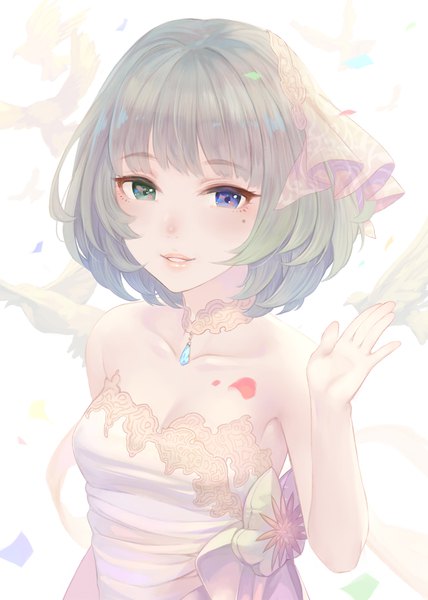 Anime picture 744x1044 with idolmaster idolmaster cinderella girls takagaki kaede terumii single tall image looking at viewer blush fringe short hair breasts blue eyes simple background smile brown hair white background bare shoulders green eyes cleavage upper body