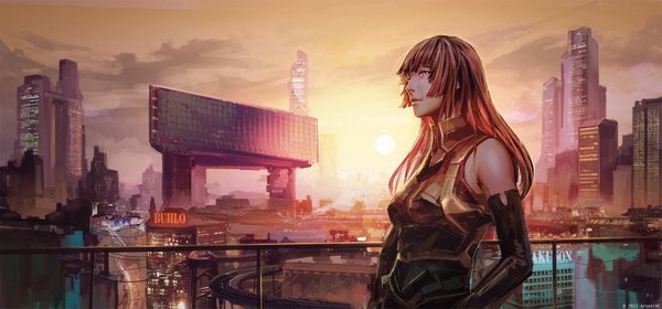 Anime picture 1900x887 with arsenixc single long hair fringe highres breasts wide image looking away sky cloud (clouds) lips hime cut girl building (buildings) sun road skyscraper
