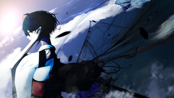 Anime picture 1920x1079 with touhou shameimaru aya yugeoryouki single highres short hair black hair red eyes wide image cloud (clouds) japanese clothes profile girl kimono