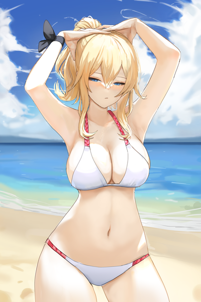 Anime picture 2000x3000 with genshin impact jean gunnhildr dolri single long hair tall image looking at viewer blush fringe highres breasts blue eyes light erotic blonde hair hair between eyes large breasts standing payot sky cloud (clouds)