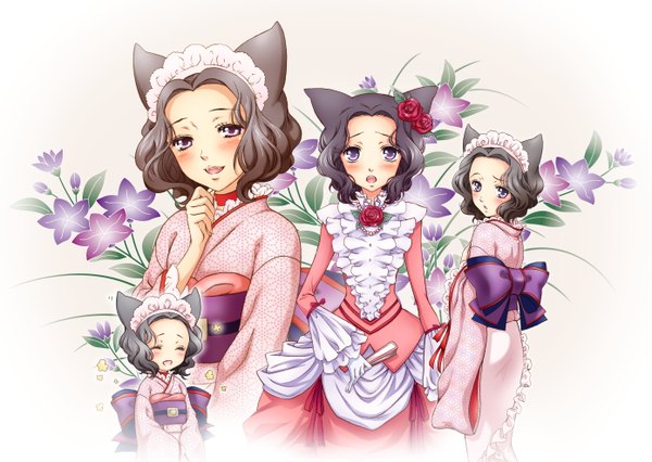 Anime picture 1392x990 with otome youkai zakuro j.c. staff susuki hotaru yukkyun blush open mouth black hair purple eyes animal ears japanese clothes hair flower chibi dress hair ornament flower (flowers) headdress maid headdress