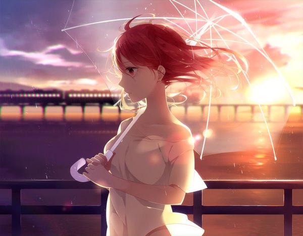 Anime picture 1493x1165 with original recotasan single long hair fringe hair between eyes red eyes holding looking away sky cloud (clouds) upper body outdoors red hair profile wind off shoulder depth of field lens flare evening