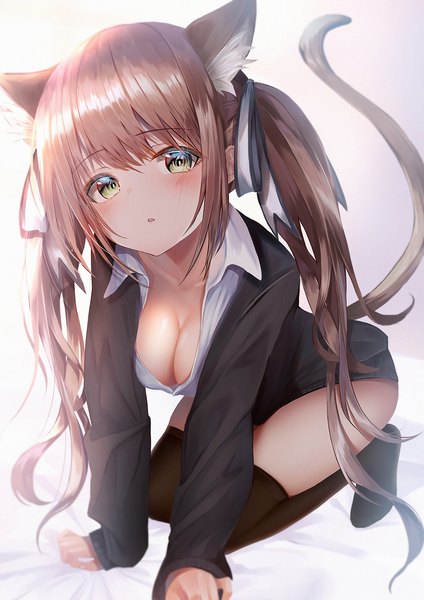 Anime picture 884x1250 with original yk (pixiv43531291) single long hair tall image looking at viewer blush fringe breasts open mouth light erotic simple background hair between eyes brown hair large breasts twintails green eyes animal ears payot cleavage