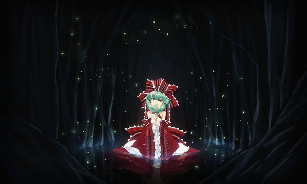 Anime picture 2000x1200 with touhou kagiyama hina tan (carbon) single long hair looking at viewer highres wide image bare shoulders green eyes green hair night wide sleeves reflection nature adapted costume girl dress ribbon (ribbons) plant (plants)