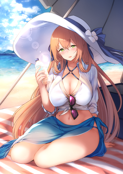 Anime picture 1447x2046 with girls frontline m1903 springfield (girls frontline) tobimura single long hair tall image looking at viewer blush fringe breasts open mouth light erotic hair between eyes brown hair large breasts sitting holding green eyes payot sky