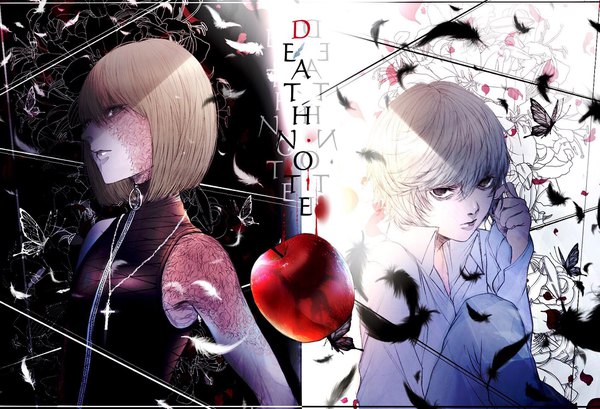 Anime picture 1903x1298 with death note madhouse mello (mihael keehl) near kuroe (pixiv5268156) looking at viewer fringe highres short hair blonde hair hair between eyes sitting bare shoulders black eyes multiple boys copyright name scar playing with hair boy shirt