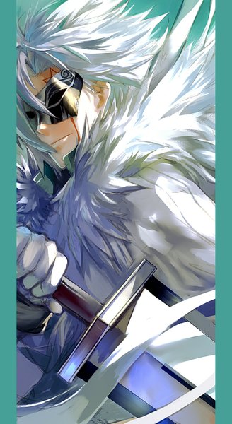 Anime picture 1000x1825 with d.gray-man allen walker kzcjimmy single tall image short hair holding silver hair white hair scar framed boy gloves sword jacket mask huge weapon winter clothes huge sword