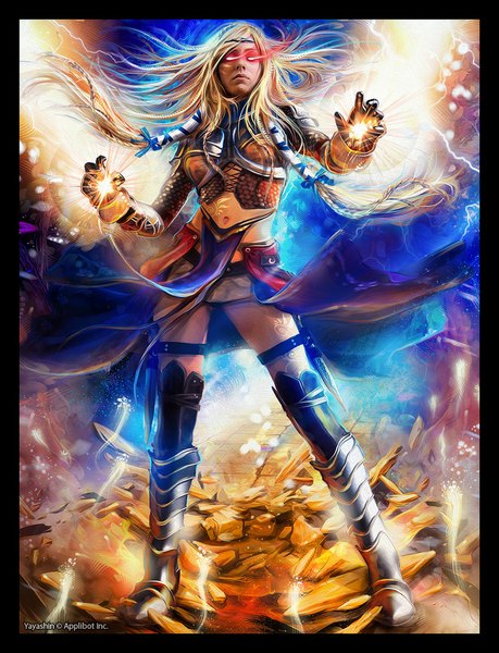 Anime picture 765x1000 with legend of the cryptids yayashin single long hair tall image blonde hair red eyes braid (braids) realistic magic glowing light glowing eye (eyes) framed girl navel ribbon (ribbons) hair ribbon armor cloak