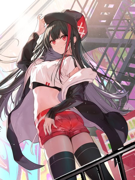 Anime picture 1648x2198 with original necomi (gussan) single long hair tall image fringe black hair red eyes standing looking away ass blunt bangs long sleeves multicolored hair arm up off shoulder open jacket two-tone hair from below zettai ryouiki