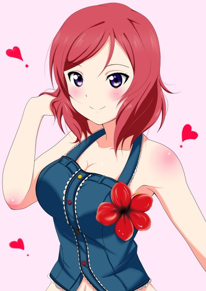 Anime picture 1000x1414 with love live! school idol project sunrise (studio) love live! nishikino maki frolaytia single tall image blush fringe short hair breasts simple background smile purple eyes red hair pink background girl navel flower (flowers) heart