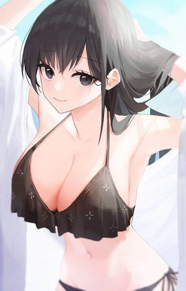Anime picture 1059x1658 with original gnns single long hair tall image looking at viewer fringe breasts light erotic black hair smile hair between eyes large breasts standing black eyes blurry arms up armpit (armpits) arm behind head halterneck