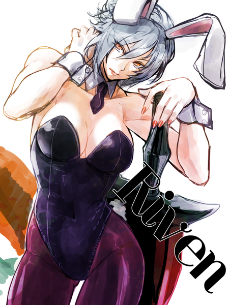 Anime picture 750x1000 with league of legends riven (league of legends) battle bunny riven pizaya single tall image looking at viewer fringe short hair breasts light erotic simple background white background bare shoulders animal ears grey hair orange eyes bunny ears covered navel girl