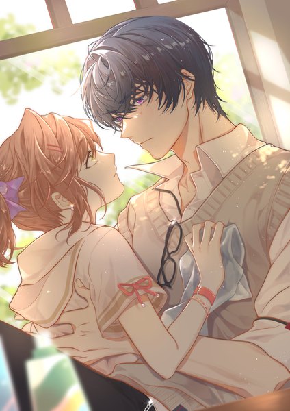 Anime picture 2480x3508 with tears of themis marius von hagen (tears of themis) rosa (tears of themis) jiukuzi18797 tall image fringe highres short hair black hair hair between eyes brown hair purple eyes ponytail profile couple eye contact eyewear removed girl boy glasses