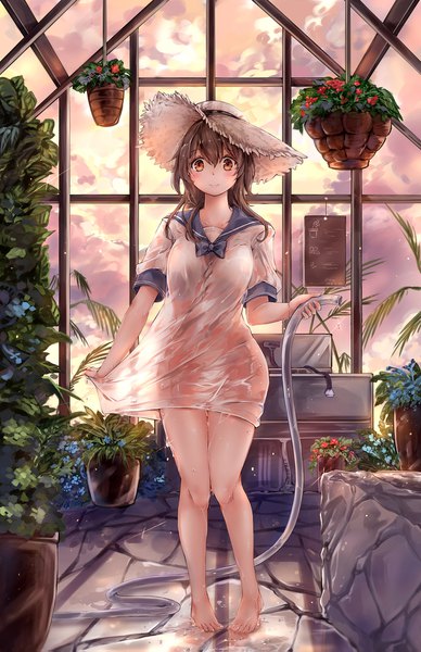 Anime picture 1200x1855 with original dema hmw single long hair tall image looking at viewer blush fringe breasts light erotic smile hair between eyes brown hair standing holding brown eyes payot sky cloud (clouds) full body