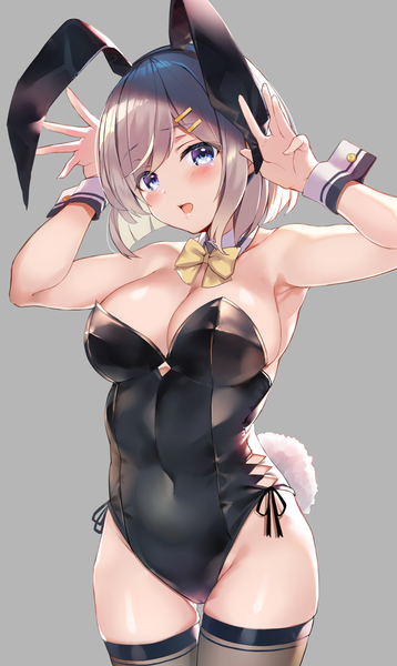 Anime picture 1123x1879 with kantai collection hamakaze destroyer monoto single tall image looking at viewer blush fringe short hair breasts open mouth blue eyes light erotic simple background large breasts standing animal ears cleavage tail head tilt