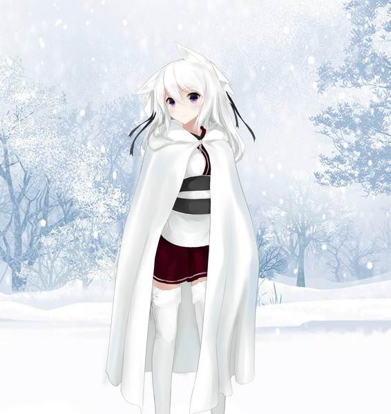 Anime picture 2125x2250 with original guo582 single long hair tall image looking at viewer blush fringe highres smile hair between eyes standing purple eyes animal ears cloud (clouds) outdoors white hair pleated skirt zettai ryouiki fox ears