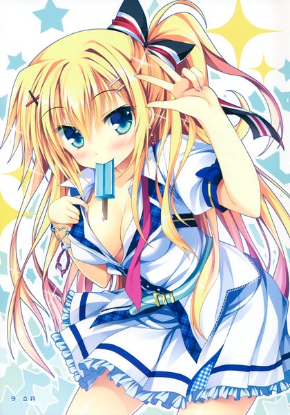 Anime picture 2112x3018 with karumaruka circle asahina shin tateha (marvelous grace) single long hair tall image looking at viewer blush highres breasts blue eyes light erotic blonde hair scan victory girl ribbon (ribbons) hair ribbon earrings food