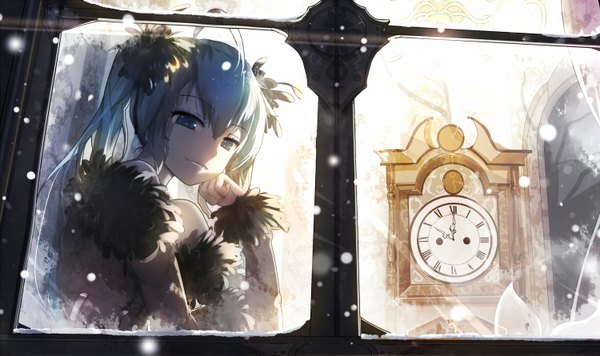 Anime picture 1500x891 with vocaloid hatsune miku qys3 single long hair looking at viewer blue eyes wide image twintails indoors aqua hair snowing winter against glass girl dress hair ornament window clock wall clock