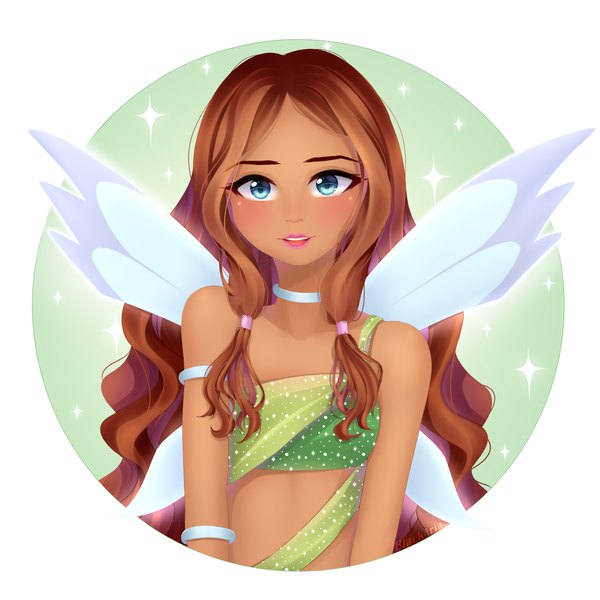 Anime picture 4000x4000 with winx club layla (winx club) alterka single long hair looking at viewer blush highres blue eyes smile brown hair absurdres upper body lipstick dark skin wavy hair fantasy pink lipstick tress ribbon fairy