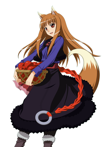 Anime picture 4190x5966 with spice and wolf horo mtrizkit single long hair tall image highres open mouth smile red eyes brown hair animal ears absurdres tail animal tail transparent background vector wolf ears wolf tail girl