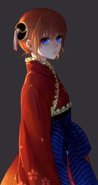 Anime picture 865x1626 with gintama sunrise (studio) kagura (gintama) loli bushi single tall image looking at viewer fringe short hair blue eyes simple background payot long sleeves traditional clothes japanese clothes orange hair grey background hair bun (hair buns) floral print front-tie top