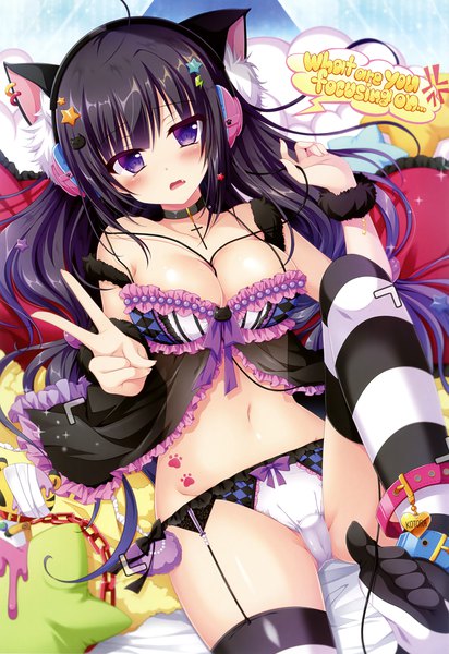 Anime picture 2270x3300 with melonbooks mohumohu-san single long hair tall image looking at viewer blush highres breasts light erotic black hair purple eyes bare shoulders animal ears purple hair ahoge lying from above cat ears scan