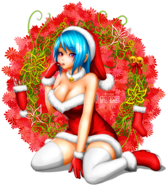 Anime picture 1100x1229 with original rina atherina erkaz single tall image short hair light erotic bare shoulders blue hair pink eyes christmas transparent background merry christmas girl thighhighs gloves white thighhighs bell santa claus hat santa claus costume