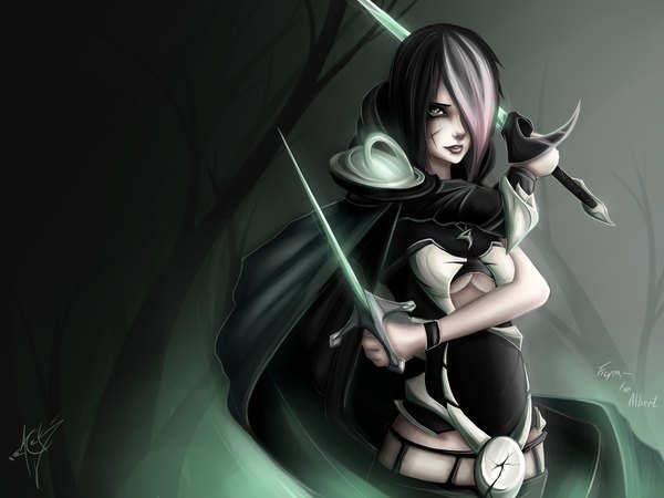 Anime picture 2800x2100 with league of legends fiora (league of legends) zackargunov single looking at viewer fringe highres short hair holding green eyes multicolored hair lips hair over one eye two-tone hair scar dual wielding girl weapon cloak dagger