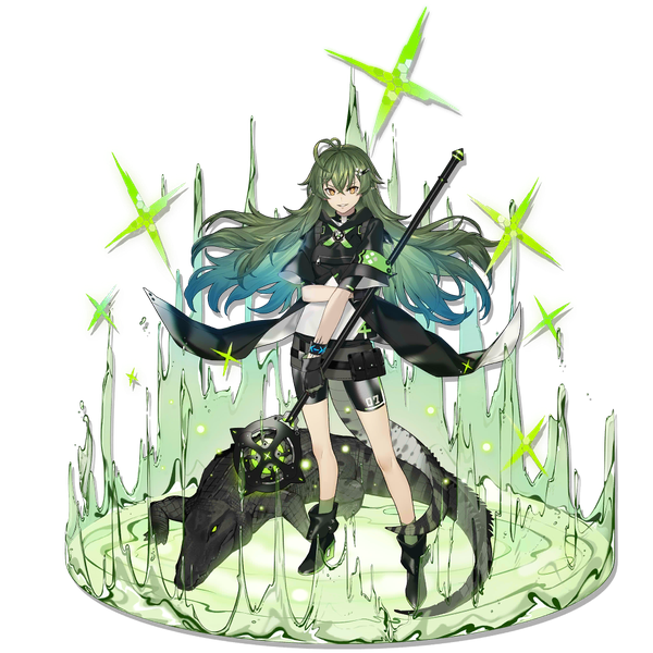 Anime picture 1024x1024 with arknights gavial (arknights) liuli (llc) single long hair looking at viewer fringe smile hair between eyes standing yellow eyes full body ahoge tail animal tail green hair official art transparent background elite ii (arknights) crocodilian tail