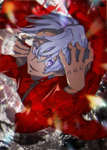 Anime picture 1072x1500 with tokyo revengers kurokawa izana aohki mimei single tall image looking at viewer fringe short hair smile hair between eyes silver hair from above silver eyes boy earrings