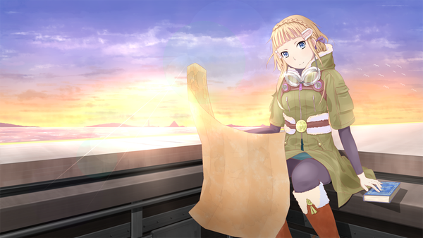 Anime picture 1280x720 with last exile gonzo milia il velch cutrettola turan single short hair blue eyes blonde hair smile wide image sitting cloud (clouds) evening sunset girl hair ornament hairclip book (books) goggles
