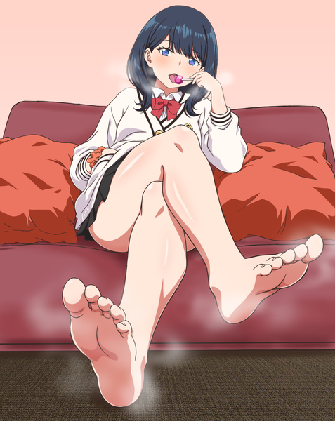 Anime picture 1657x2084 with gridman universe ssss.gridman studio trigger takarada rikka apita (apitaro) single long hair tall image looking at viewer blush fringe breasts open mouth blue eyes light erotic black hair simple background sitting full body bent knee (knees)