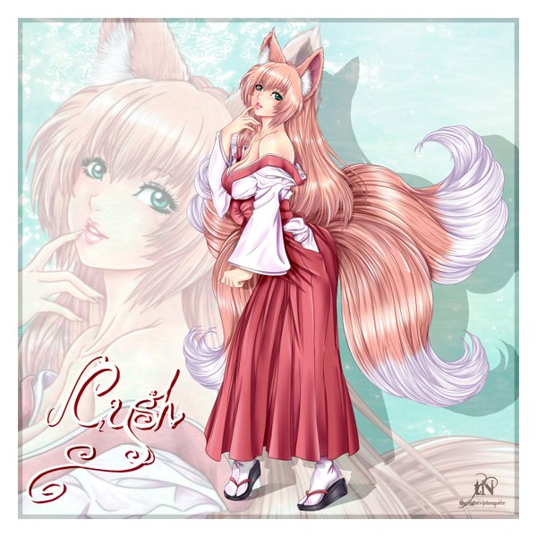Anime picture 3000x3000 with original cysh (original) thenightwishmaster single long hair blush fringe highres breasts brown hair bare shoulders green eyes animal ears cleavage tail traditional clothes japanese clothes animal tail lips leaning