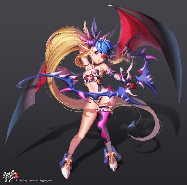 Anime picture 3700x3657 with original kyjsogom single looking at viewer highres breasts light erotic simple background blonde hair standing signed blue hair absurdres full body tail very long hair pink eyes multicolored hair horn (horns) pointy ears