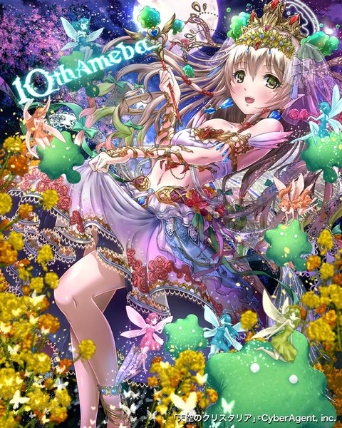 Anime picture 800x1000 with tenkuu no crystalia sakiyamama long hair tall image looking at viewer blush fringe open mouth blonde hair smile hair between eyes standing bare shoulders multiple girls holding green eyes payot cloud (clouds) outdoors :d