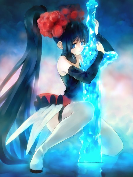 Anime picture 1200x1600 with original chimochimo (artist) single long hair tall image blue eyes black hair ponytail hair flower hug girl thighhighs hair ornament detached sleeves sword