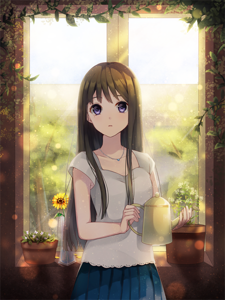 Anime picture 600x800 with original ichinose (sorario) single long hair tall image looking at viewer brown hair purple eyes girl skirt flower (flowers) window teapot