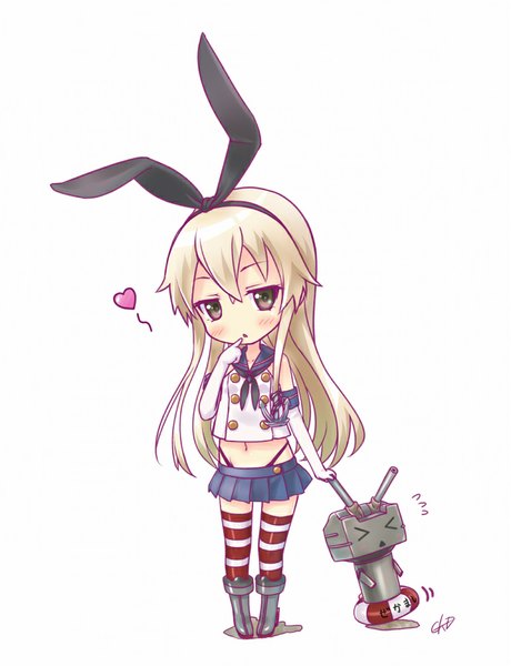 Anime picture 774x1008 with kantai collection shimakaze destroyer rensouhou-chan gotou hisashi single long hair tall image looking at viewer blush blonde hair standing bare shoulders brown eyes finger to mouth girl thighhighs navel ribbon (ribbons) hair ribbon miniskirt